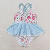 Kledingsets Kinderen Zomer Jurk Sling Top Bloem Striped Lace Print met eendelige zwempak Kinderkleding