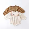 Rompers New Spring Autumn Baby Girl Sweet Bodysuit White/Brown Embroidery Agaric Edge Collar Puff Sleeve Jumpsuit Newborn Clothes H240507