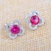 Boucles d'oreilles 925 Rose argentée Rouge Crystal d'oreille pour les femmes Design de fleur de fleur Zircone cubique 2024