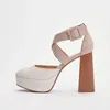 Dress Shoes White Vegan Suede Chunky Heel Platform Pumps With Ankle Straps