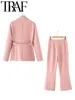Zweiteilige Hosen für Frauen 2024 Spring Elegante Frauen rosa Taille gebundene Blazer Anzüge Langarm Office Jacke Frauen ausgestattet Sets Y2K
