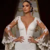 Vestidos elegantes de gola em V Sereia mangas de casamento profundo Candidatos de renda longa Tulle Backless Court Custom Made plus size vestido de noiva vestidos de novia