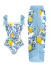 2023年のスーツ新しい女性の青い印刷デザインタイトな新鮮なレモンフルーツ地中海のバインドワンピース水泳スーツとカバーアップ