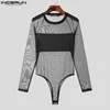 Men Bodysuits Mesh Patchwork O-neck Long Sleeve Sexy Rompers Male T Shirts Fitness Transparent Fashion Bodysuit INCERUN 240506