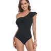 Swimwear da donna 2024 costume da bagno a nuoto solido bordo a foglia di loto singola foglia un pezzo in un pezzo di elastico sexy elastico stretto conservatore elastico alto