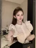 Kvinnors blusar Flying Sleeve Ruffled Topps Korean Fashion Pleated Ol White Shirt Single-Breasted Diamond Women Blue