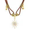 Eight-pointed star choker necklace brown leather necklace for women Niche Maillard Sun double-layer clavicle chain