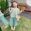 Bear Leader Girls Set Summer Square Neck Bubble Sleeve Flower Print Toppants Two Piece Childrens Casual 240426