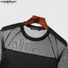 Men Bodysuits Mesh Patchwork O-neck Long Sleeve Sexy Rompers Male T Shirts Fitness Transparent Fashion Bodysuit INCERUN 240506