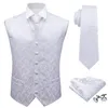 Barrywang Mens Classic White Floral Jacquard Silk Waistcoat Gestes Mandkerchief Party Tiah Tie Suit Pocket Square Square 240507
