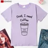 Kvinnors t-shirt kvinnors korta SLE o-hals t-shirt casual fe tops Först jag behöver kaffe tryckt plus size Summer D240507