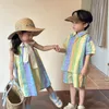 2024 Summer Kids Tops Set Cotton Striped Girls Shelthers Boys Boys Tracksuit Brother and Sister Outfit Thirts Tshirt Suit 240416