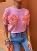Damen T-Shirt Mode modische 3D Blumengestricke Frauenpullover elegant O-Neck kurzärmelig geschnittenes Top 2024 Spring Mode Womens Clothingl2405
