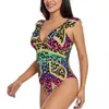 Menas de banho feminina Ruffled Ruffled Swimsuit Moman Leopard colorido símbolo de paz Hippie Peace