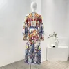 Casual Dresses Silk Summer 2024 White And Blue Porcelain Flowers Print Long Sleeve Diamonds Pressed V-Neck Midi For Women