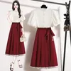 Trabalho vestidos de trabalho de verão casual conjunto de duas peças para mulheres tops de blusa de chiffon e saia feminina plissada feminina de tamanho chinês de tamanho chinês