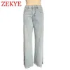Zekye Hollow Out Chain Streetwear Wide Leg Jeans Women High Maist Ripped Distressed Hip Hop Punk Pants Baggy Jeans Cargo 2024 240506