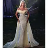 Sparkly Mermaid Prom Dresses ärmlös V -hals från axelapplikationer paljetter golvlängd säng avtagbar tåg aftonklänning brudklänningar plus storlek anpassad 0431