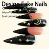 Faux Nails Fashion Long pointu de faux ongles French Black Gold Moon Star Decor Press on Nails Détchable Nails artificiels pour Girl Lady 24pcs T240507