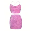 Work Dresses Sequin Decor Two-piece Set Back Cross Sleeveless Crop Cami Top & Bodycon Skirts Outfits Women's Clothing