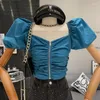 Women's Blouses Elegant Square Neck Off Shoulder Bubble Sleeve Zipper Design With Pleats Sexy Short Top Shirt Blusa Feminina Baratinha