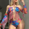 Costumi da bagno femminile 4pc da bagno da bagno da bagno stampare bikini 2024 donna sexy a maniche lunghe a maniche lunghe abito da bagno femmina