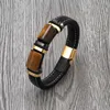 Bangle 2022 Nouveau bijoux vintage Double Plaque chanceuse Naturel Tiger Eye Charme large Corde en cuir Tidal Cool Mens en acier inoxydable Q240506