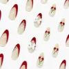 Uñas falsas 24 piezas de cereza roja uñas falsas de almendras francesas en uñas con decoración de la proa blanca cubierta completa punta de uñas falsas para mujeres T240507