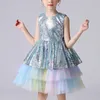 4-12 Girls Sequin Cake Dress Wedding Party Tail Elegant Princess Sleeveless Childrens Dress 240424