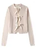 Malhas femininas 2024 Mulheres de malha Cardigans Sweet Lace Up Bow Fashion Spring Manga completa Sweater de pescoço redondo