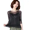 Frauenblusen 2024 Glitzer Mesh Bluse Sexy Frauenhemden Langarm Tops Koreaner schwarz rosa o-neck elegant schlank Camisas Femininas