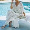Women Beach Wear 2021 Crochet White Lace Knitted Hollow Out Beach Cover Up Dress Tunic Long Pareos Bikinis Swim Cover Up Robe Plage Beachwear Y240504