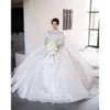 Длинные 3D -платья Брилликант Свадебный цветочный драгоценный камень шариковые рукава сияющие кандидаты складки часов