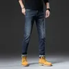 Thick Winter High-end Jeans for Men with Slim Fit and Small Feet European Fashion Brand Mens Light Luxury Versatile Elastic Washed Pants