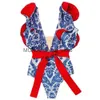 Frauen Badebekleidung Rüschenkrawattendetailed Delft Blue sexy ein Stück Badeanzug Frauen Schwimmanzug 2022 Luxusshorts Bourkini Boho gedruckt Schwimm H240507