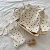 Pajamas New Spring Autumn Baby Girl Beige Love Heart Print Pullover Top+Elastic Waist Pants Newborn Home Wear Nightgown H240507