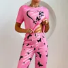 Женская пижама набор весеннего осеннего молока Шелковое с коротким рукавом и длинными брюками 2 куска мультфильма с рисунком печата