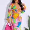 Casual Dresses Wepbel Y2K Floral Bodycon Dress Women Long Sleeve Deep V Neck Tight Fishtail Summer Sexy Sheath Hollow Out