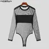 Men Bodysuits Mesh Patchwork O-neck Long Sleeve Sexy Rompers Male T Shirts Fitness Transparent Fashion Bodysuit INCERUN 240506
