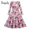 Sisjuly Vintage -Kleid Retro Grüne rosa Blumendruck 1950er Stil Elegant O Hals Party Arbeit Herbst Winter Langarm Kleider2748462