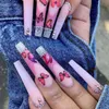 False Nails 24Pcs Long Coffin False Nails Frosted Gradient Rainbow with French Design Wearable Fake Nails Butterfly Press on Nail Tips Art T240507