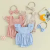 Rompers Newborn Baby Girls Summer Casual Months Clothes Fly Sleeve Frill Trim Solid Color Jumpsuit And Headband Costume H240507