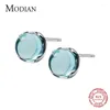 Boucles d'oreilles Stud Modian Luxury Blue Crystal Sky Color Opal Round Classic Charm 925 Sterling Silver for Women Bijoux à la mode Gift