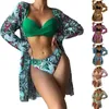 Swimwear femminile 3 pezzi/set da donna bikini set di colori solidi reggiseno ad alta vita per nuoto in cima alla stampa floreale Cover-up Summer abbigliamento da spiaggia estivo