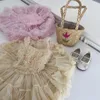 Mädchenkleider koreanische Sommer -Sommer -Mädchen Tutu Kleid rosa quadratische Kragen ärmellose Schlinge Mesh Prinzessin Party Süße Kinder Kleidung EX205 H240507