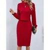 Arbeitskleider Herbst Frauen Kostümstreifen Langarm Pullover Tops Midi Rock Anzüge 2 Stück Sets Elegantes Büro -Mode -Outfit Streetwear