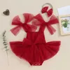 Rompers babymeisjes prinses bodysuits kleden vaste kleur tie knoop knoop suspender tule tutu verjaardagsfeestje meisje bodysuits+hoofdband h240507