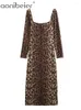 Повседневные платья Aonibeier Leopard Print Женское платье для вечеринки 2024 Spring Square воротник с длинным рукавом Slim Robe Женщина Midi Y2K