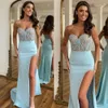 Sky Dresses Prom Elegant Blue Beads Sweetheart Satin Evening Dress Pleats Backless Split Formal Long Special Ocn Party Dress