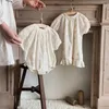 Family Matching Outfits New Summer Apricot Embroidery Round Neck Bodysuit Ruffle Puff Sleeve Dress Twins Sisters Clothing H240507